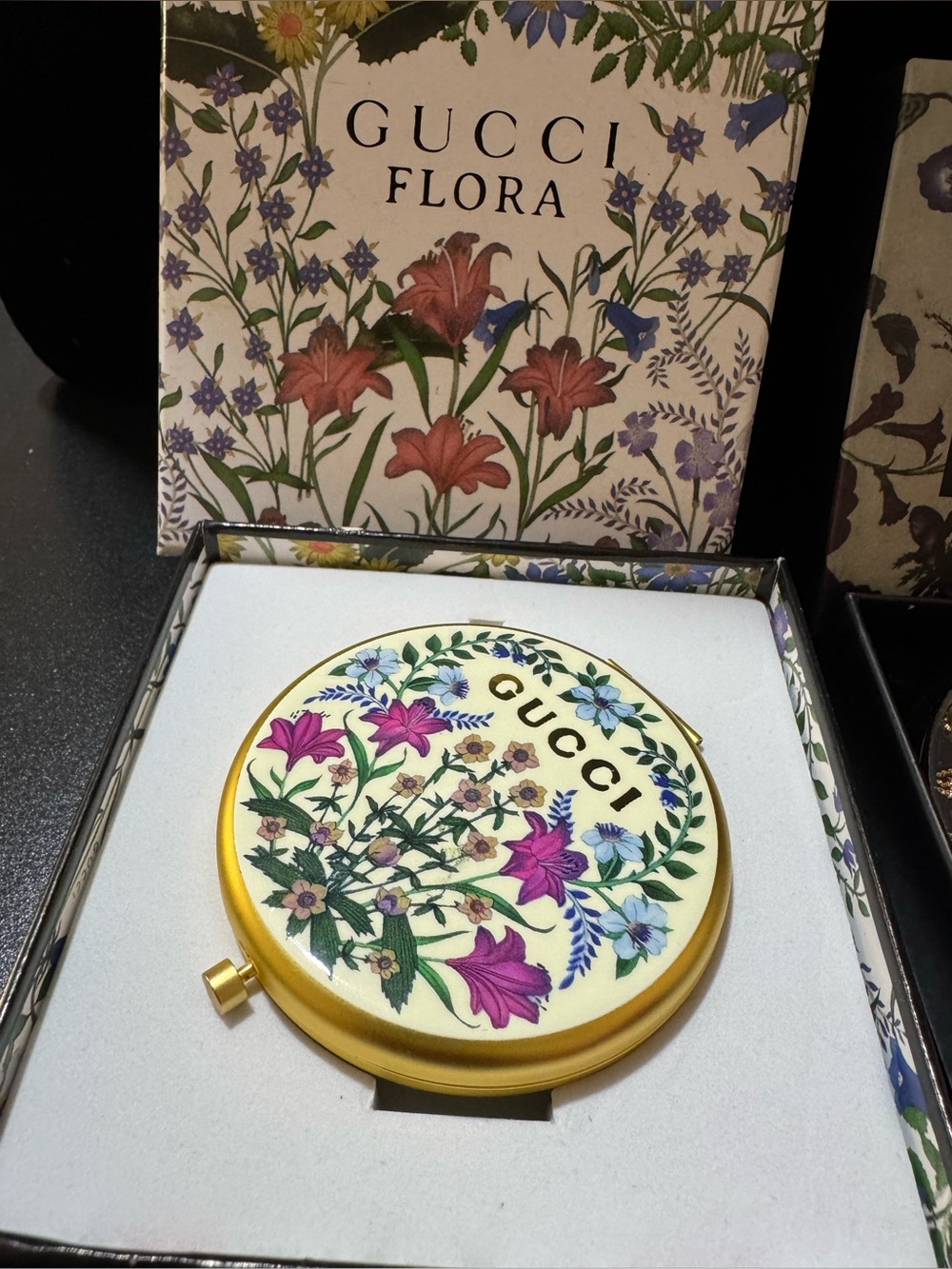 Gucci Yellow Floral Compact Mirror with Multicolor Blooms GWP